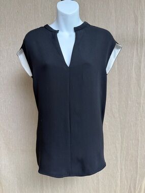 Derek Lam Black Split-Neck Cap Sleeve Blouse with White Sleeve Detail